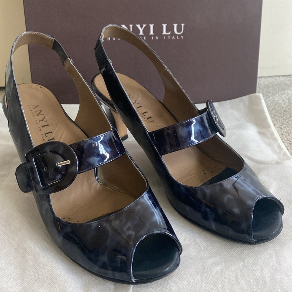 Navy Tortoise Shell pattern Slingback Heels in patent leather by Anyi Lu
